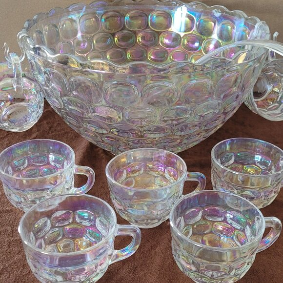 Vintage Thumbprint Carnival Glass Punch Bowl Set - Picture 2 of 8